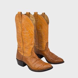 VINTAGE Nocona Men Western Boots Brown Leather Ostrich Exotic Cowboy 70s US 7.5D